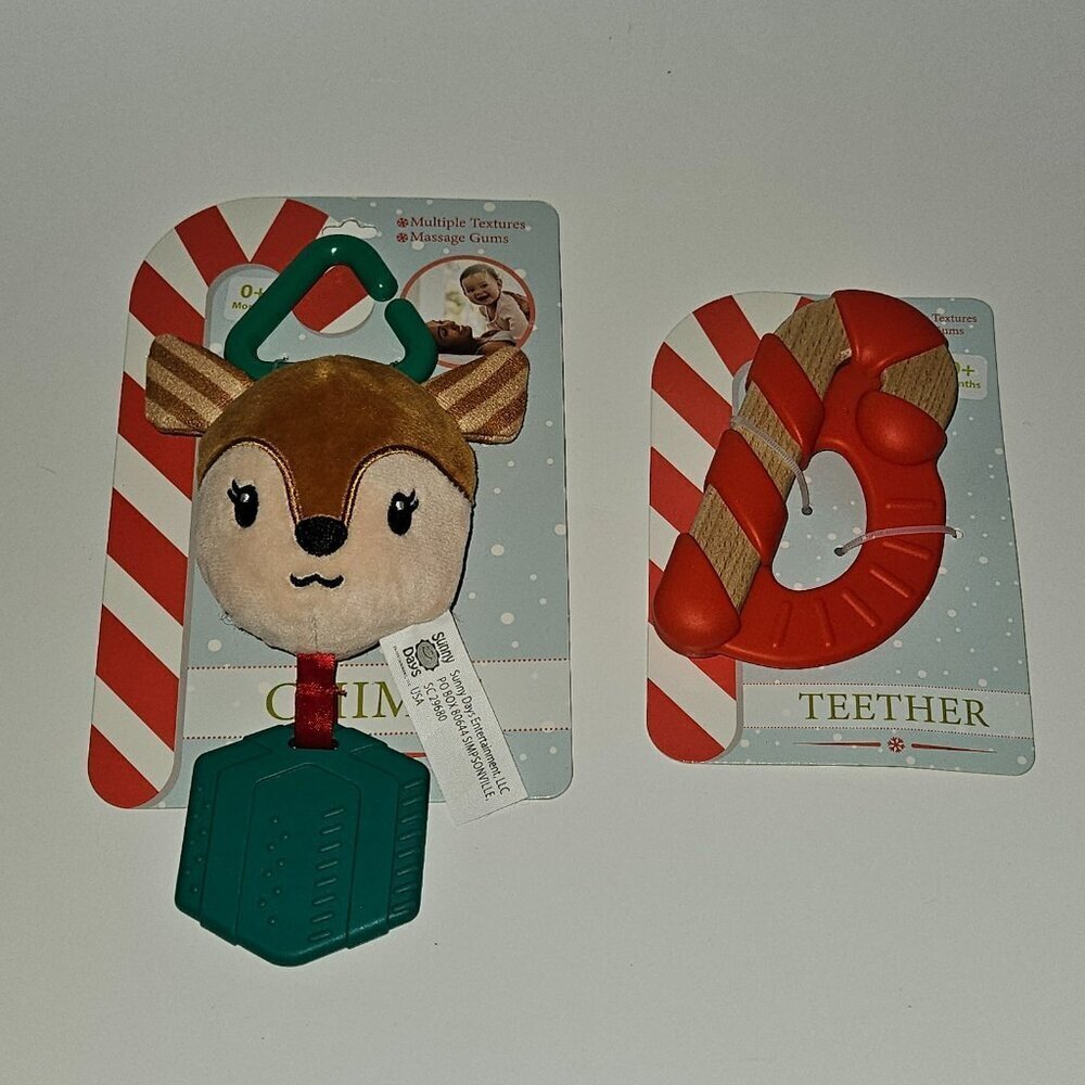 NEW Christmas Baby Teether Lot Sunny Days Reindeer Plush Rattle Wood Candy Cane